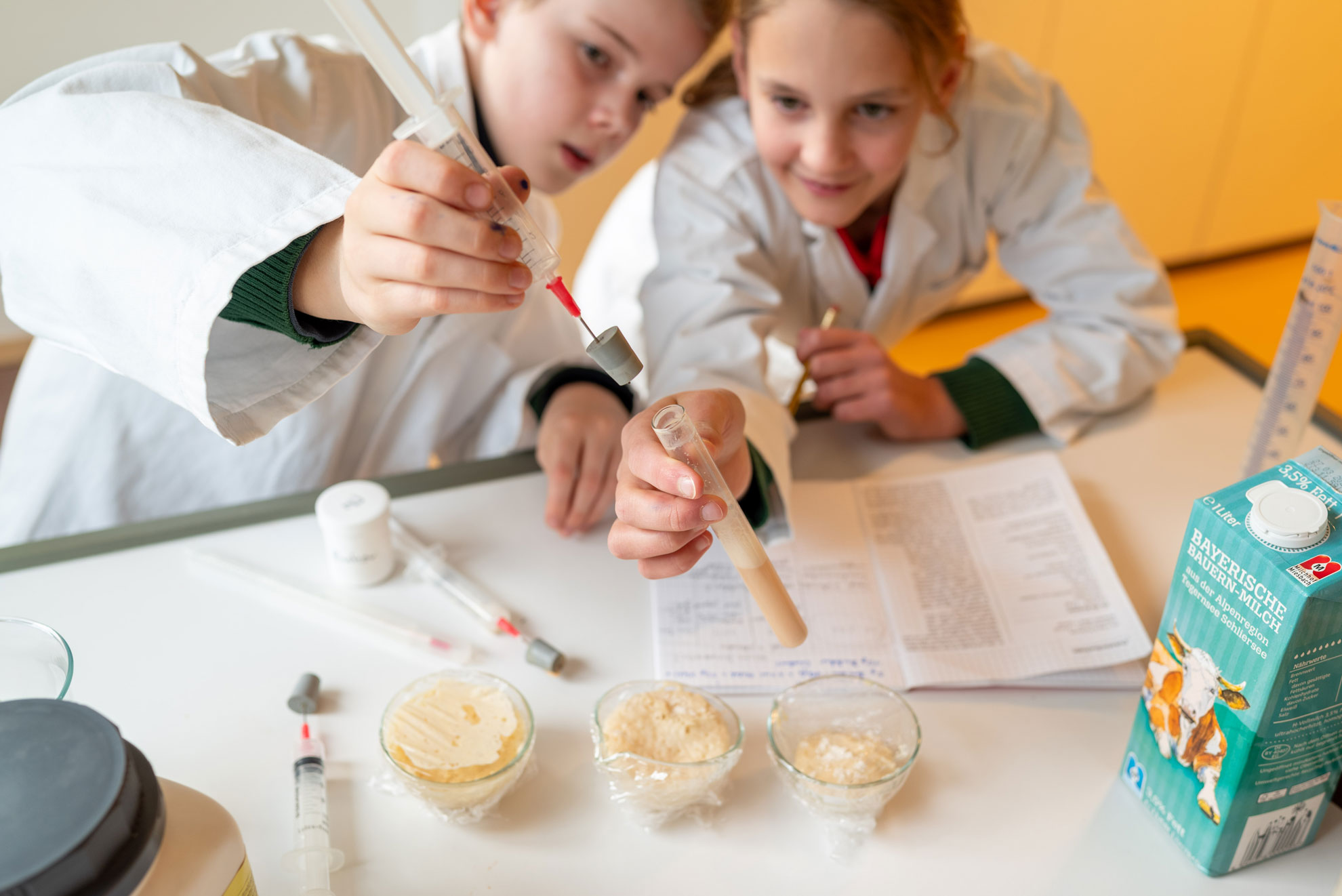 Schüler im Gymnasium Eggenberg beim Experimentieren für Jugend forscht